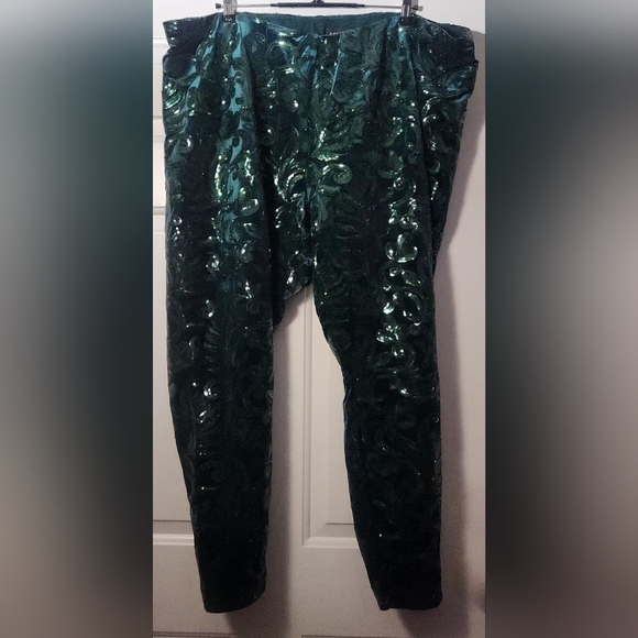 Ashro FULLY (Front & Back) Sequined Renita Green Velvet Leggings Size 3X - Picture 2 of 5